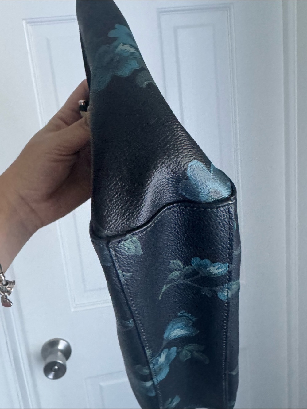 Coach Black Floral Zip-Top Tote with Teal Blue Accents - Picture 4 of 8